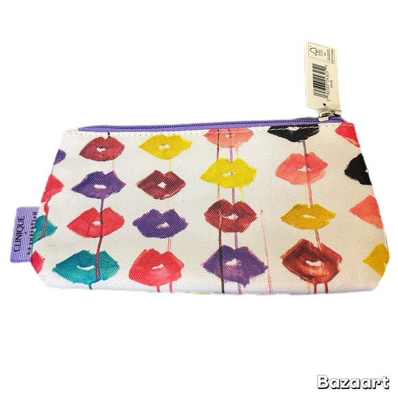 CLINQUE X DRAWBERTSON White Multi Color Lips Kiss Zip Up Make-up Travel Bag NWT - Picture 2 of 5